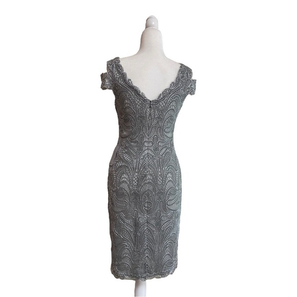 TADASHI SHOJI Silver Gray Embroidered Corded Lace Cold Shoulder Sheath Dress 4 - Picture 4 of 16